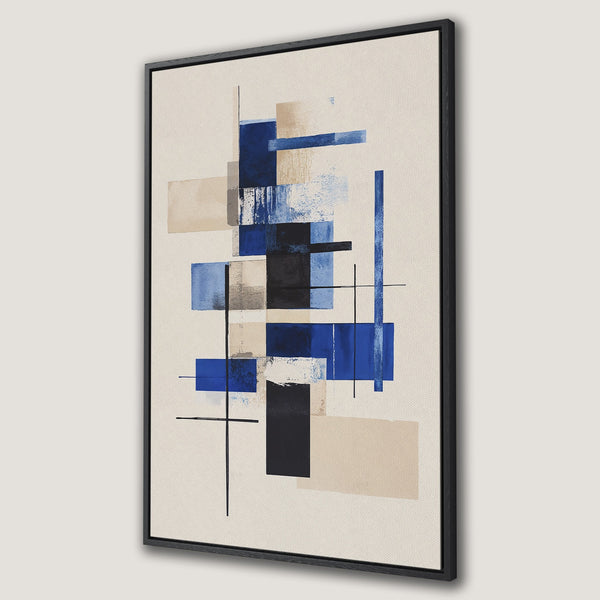 Framed Wall Art: Abstract geometric canvas print in blue, black, and beige. Modern art for your home decor. Shop now!