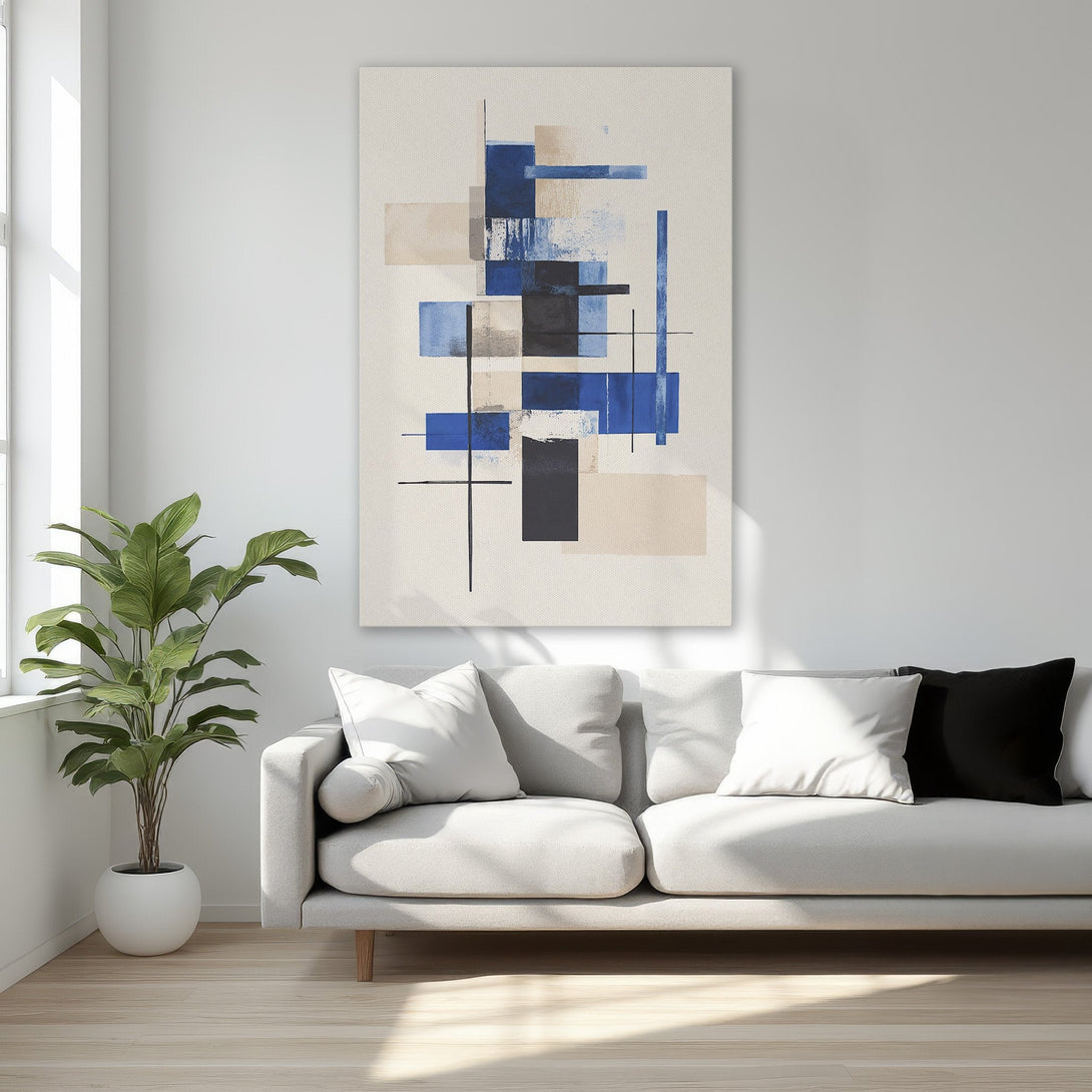 Framed Wall Art: Modern abstract art canvas print with blue, black, and beige geometric shapes. Perfect for adding a touch of elegance to any room.