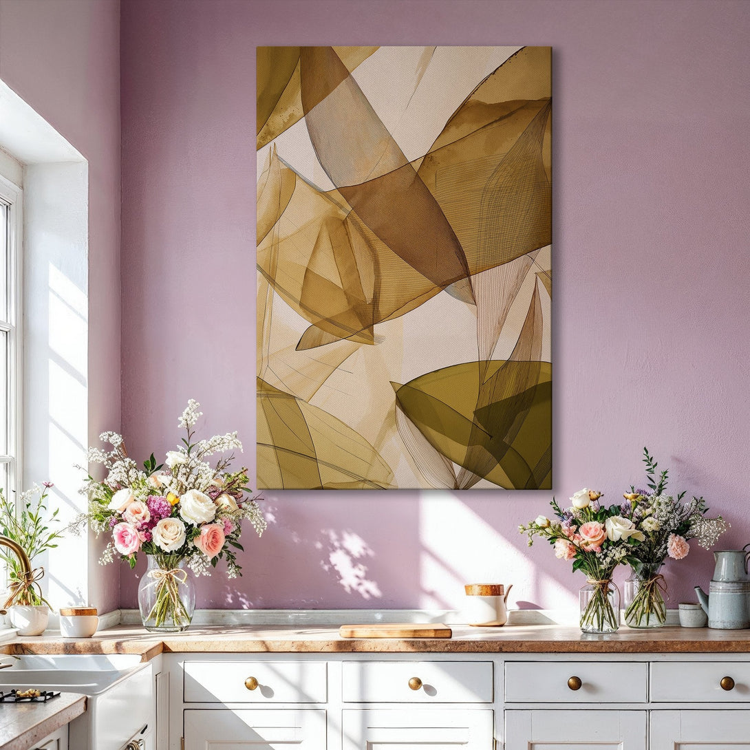 Framed Wall Art featuring abstract botanical art in a neutral color palette. Modern canvas print with gold frame, perfect for living room decor.