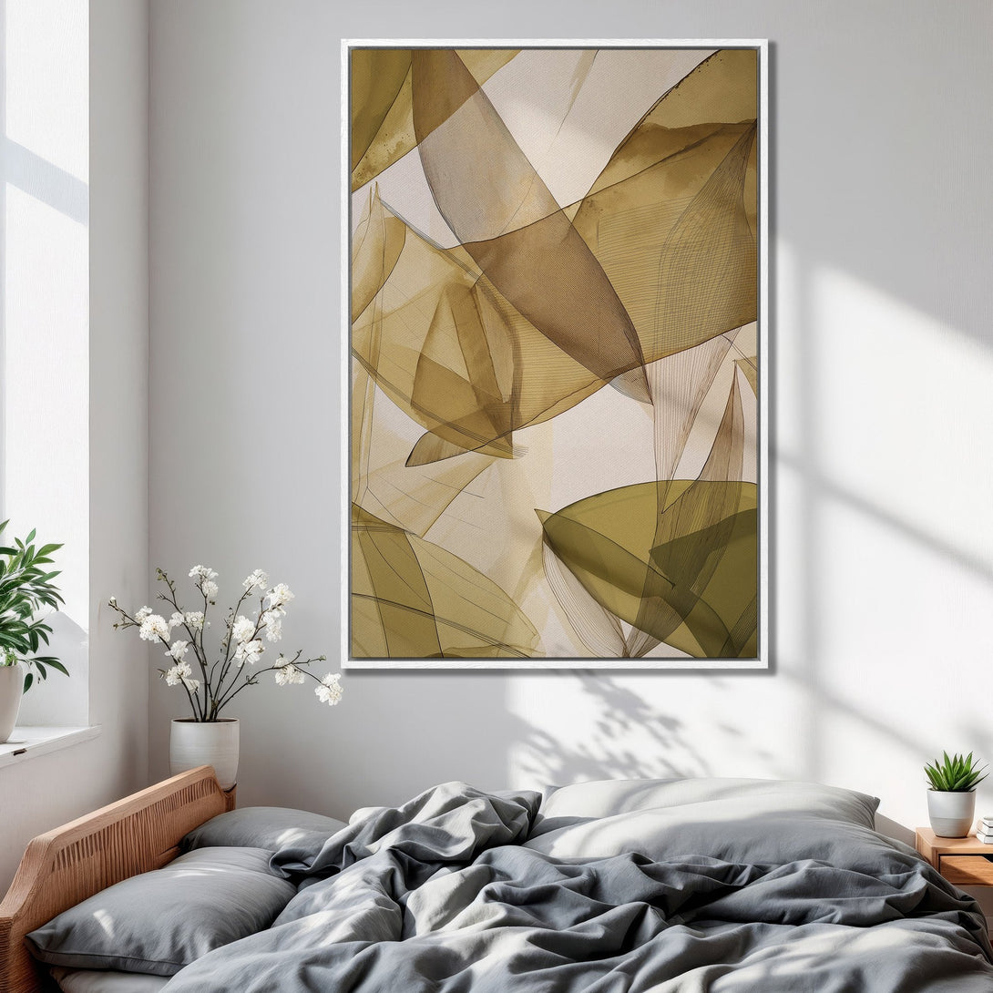 Framed Wall Art featuring an abstract botanical design in a warm, earthy color palette. Enhance your bedroom decor with this stylish canvas print.