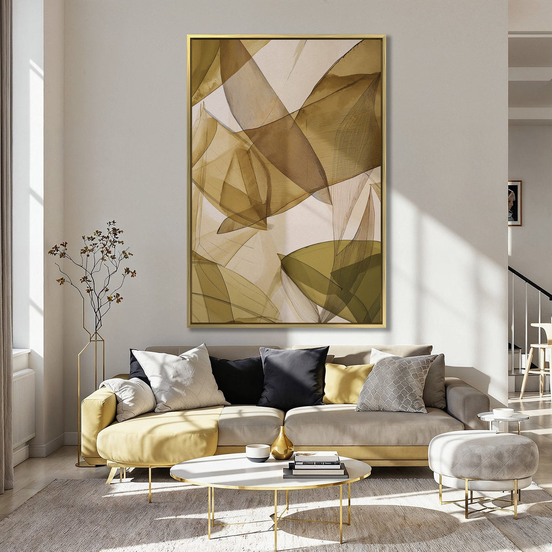 Abstract Canvas Print in a kitchen setting. Features a modern design with a warm, neutral color palette of beige, olive, and brown. Perfect wall decor.