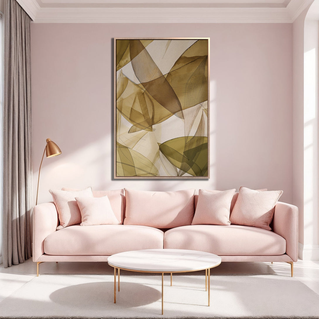 Framed Wall Art featuring abstract botanical art in earthy tones. Modern Canvas Print adds a touch of elegance to a pink living room.