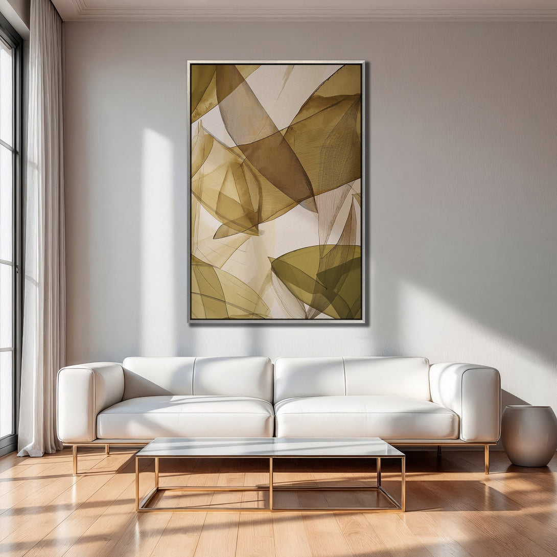Framed Wall Art: Abstract botanical print in earthy tones. Modern living room decor with a neutral color palette and stylish design.