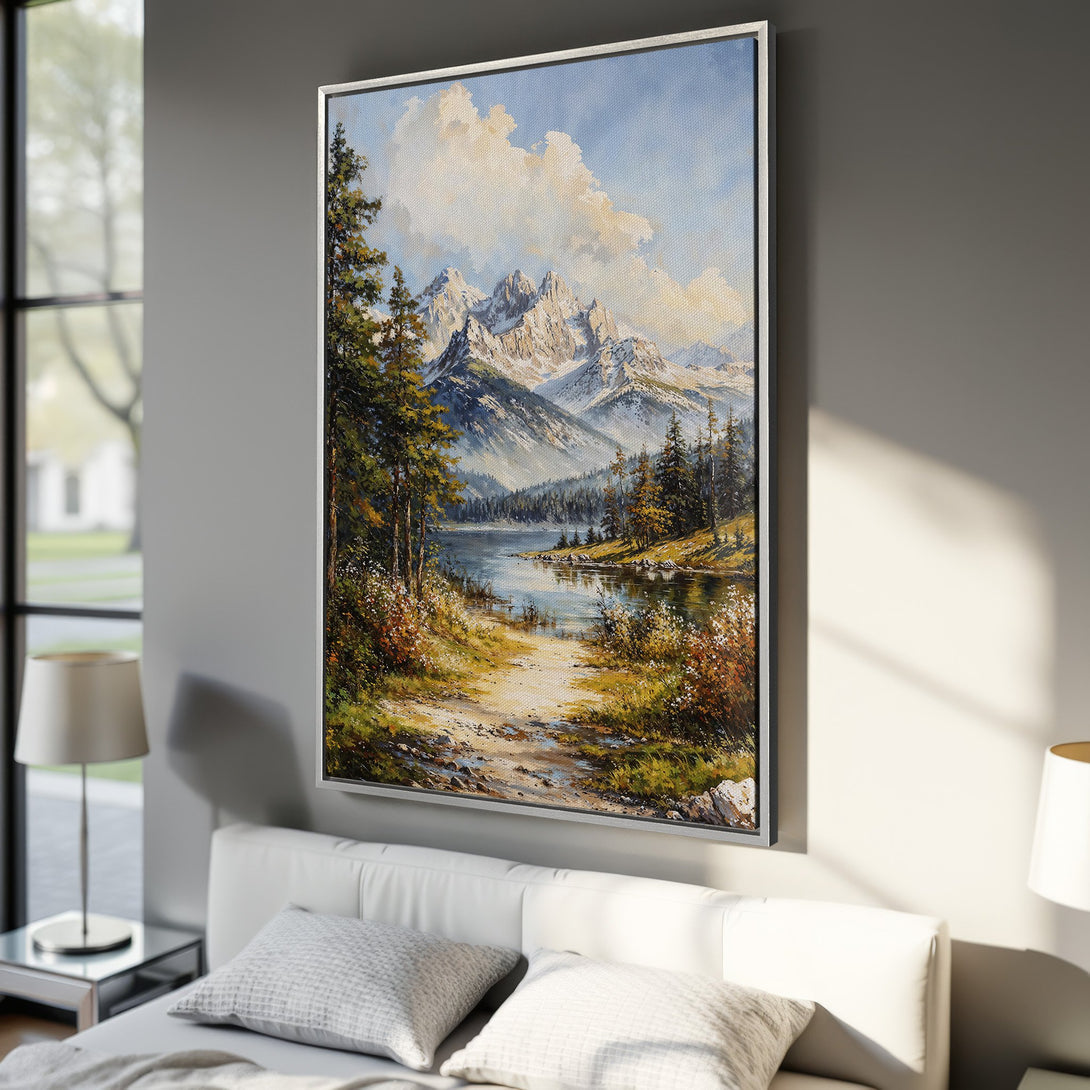 Framed Wall Art: Stunning mountain landscape Canvas Print. Oil painting style with a serene blue, green, and earth-toned color palette. Perfect for home decor.