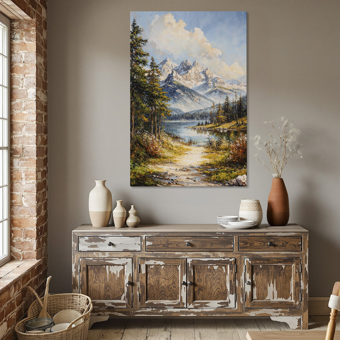 Framed Wall Art: Mountain landscape painting with a serene lake, displayed in a dining room. Features a warm, natural color palette.