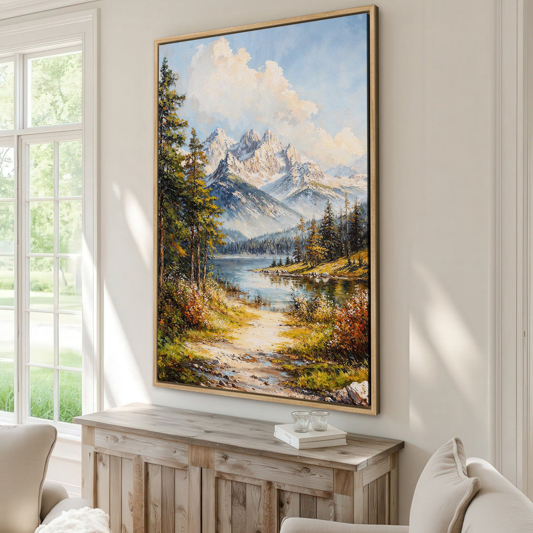 Framed Wall Art featuring a serene mountain landscape painting. Warm, natural color palette with blues, greens, and golds. Perfect for adding a touch of nature to your home.