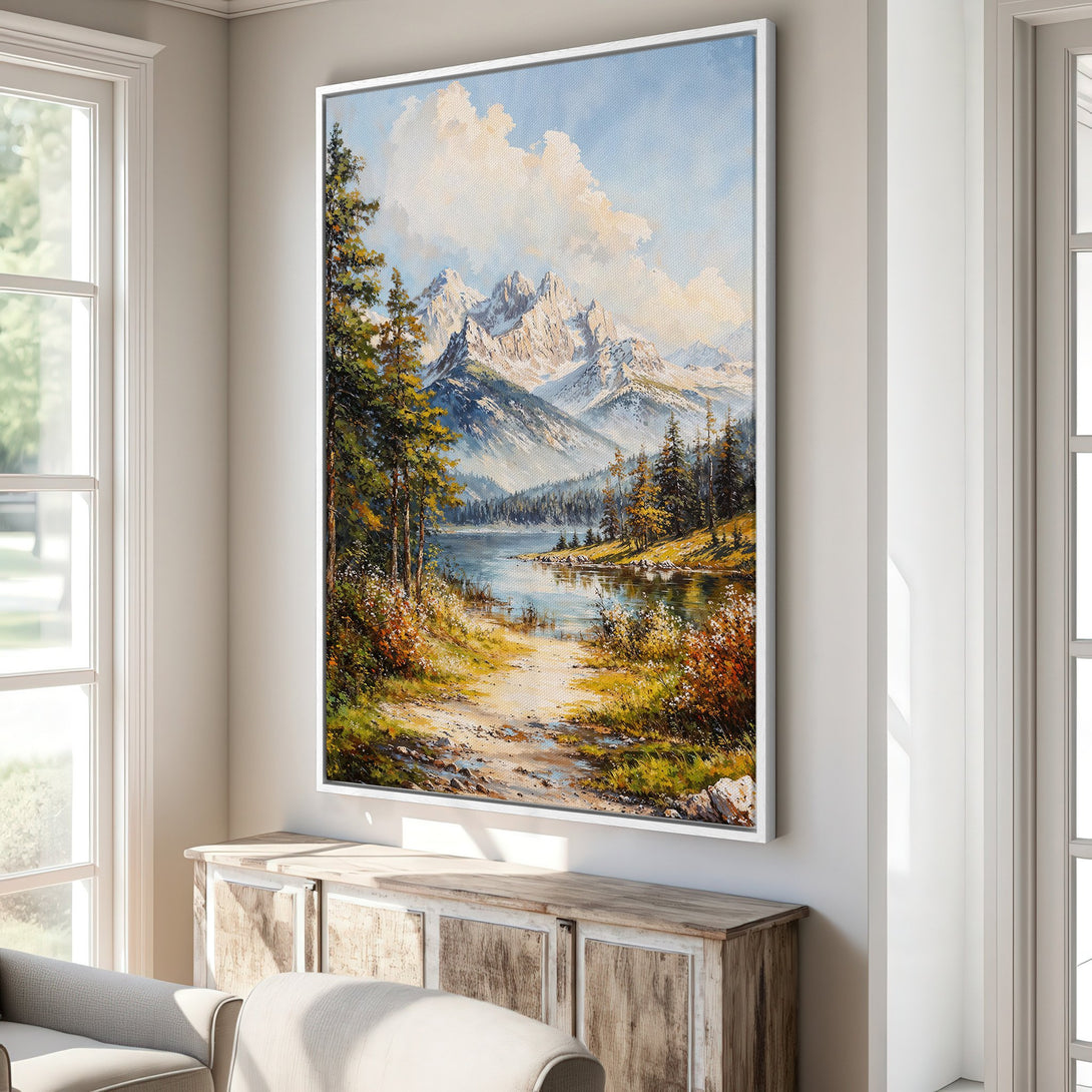 Framed Wall Art: Mountain landscape Canvas Print in warm earth tones. Stunning artwork for your home! Add a touch of nature and style.