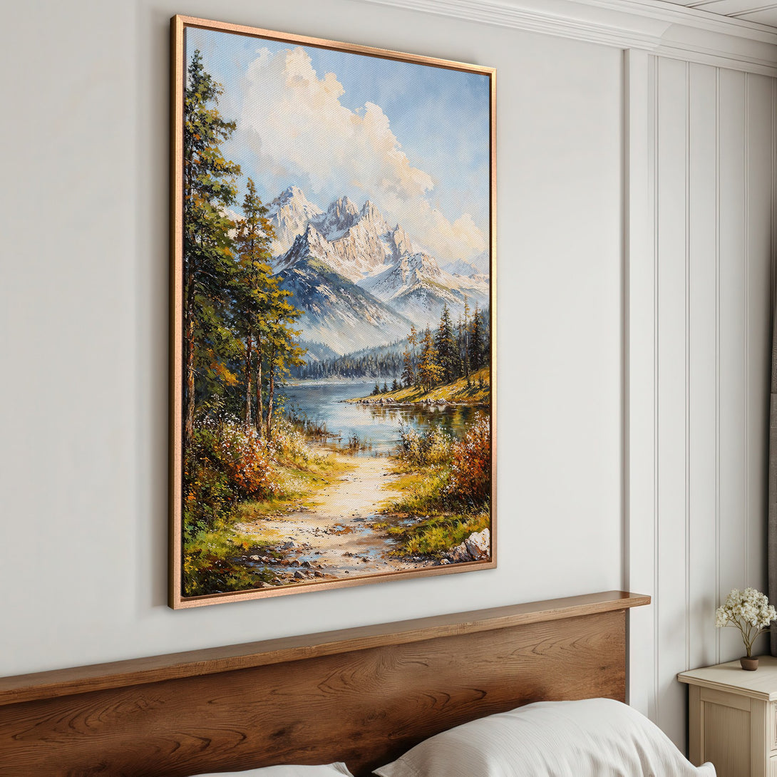 Framed Wall Art: Mountain landscape painting in a warm color palette. Adds a touch of nature and tranquility to your home decor.