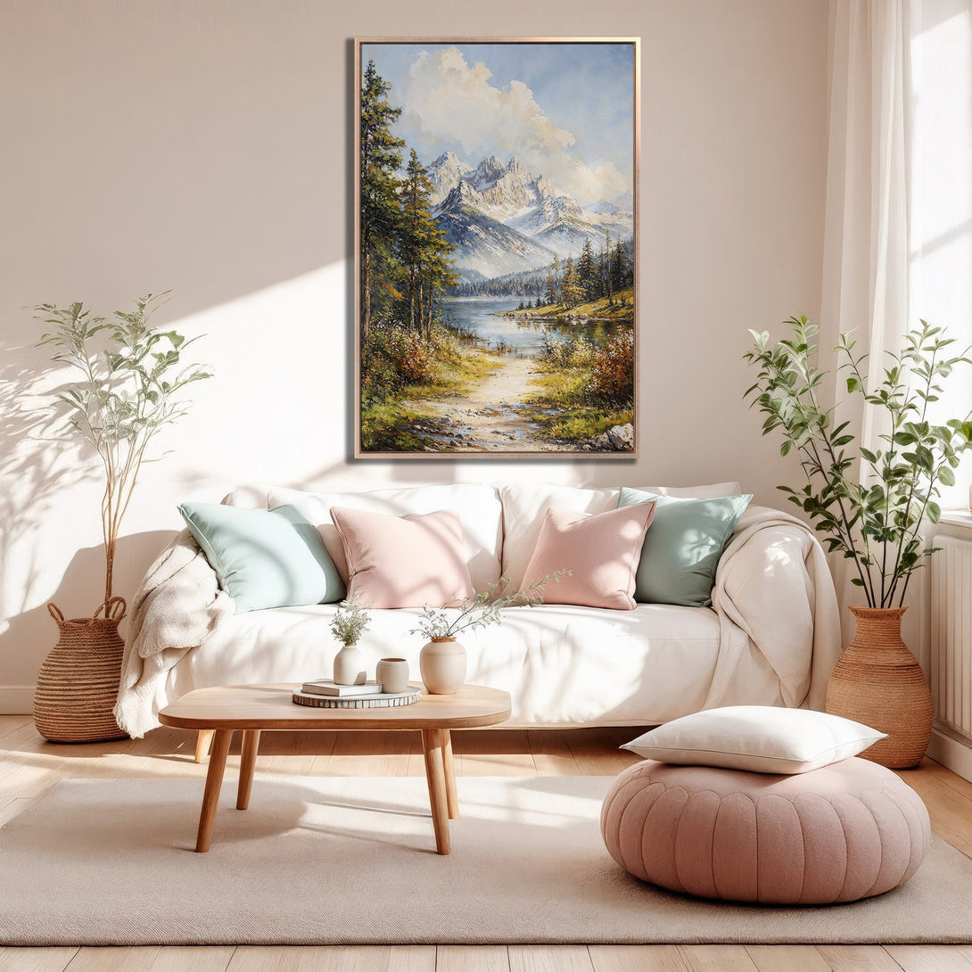 Framed Wall Art of a mountain landscape in a warm, neutral interior. Earthy tones and pastel accents create a cozy, inviting atmosphere.