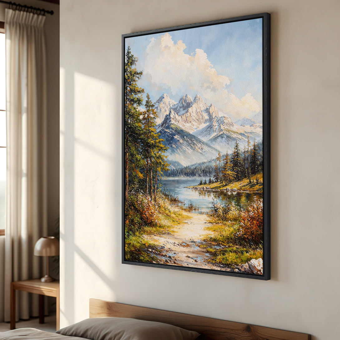 Framed Wall Art: Majestic mountain landscape canvas print with vibrant blues, greens, and yellows. Perfect for adding a touch of nature to your home decor.
