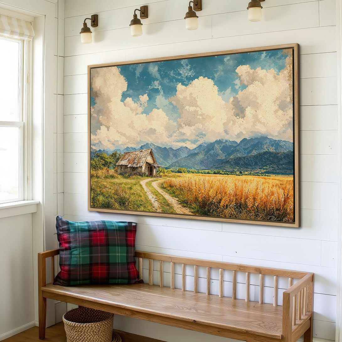 Framed Wall Art: Rustic landscape Canvas Print with a farmhouse, mountains, and wheat field in a warm, inviting color palette. Perfect for home decor.