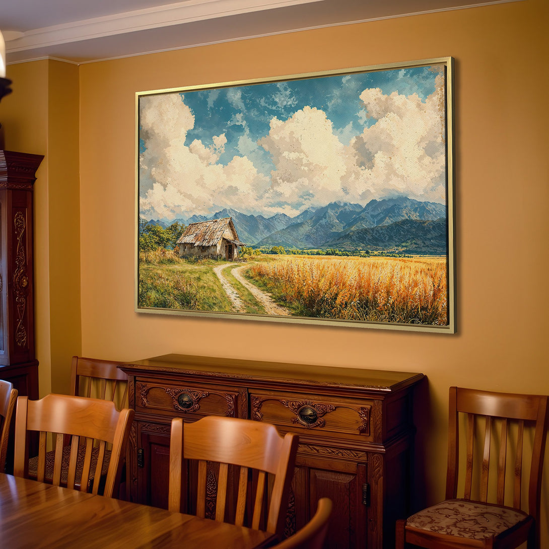 Canvas Print of a rustic landscape painting with a warm, neutral color palette. Features a farmhouse, mountains, and wheat field. Perfect wall art.