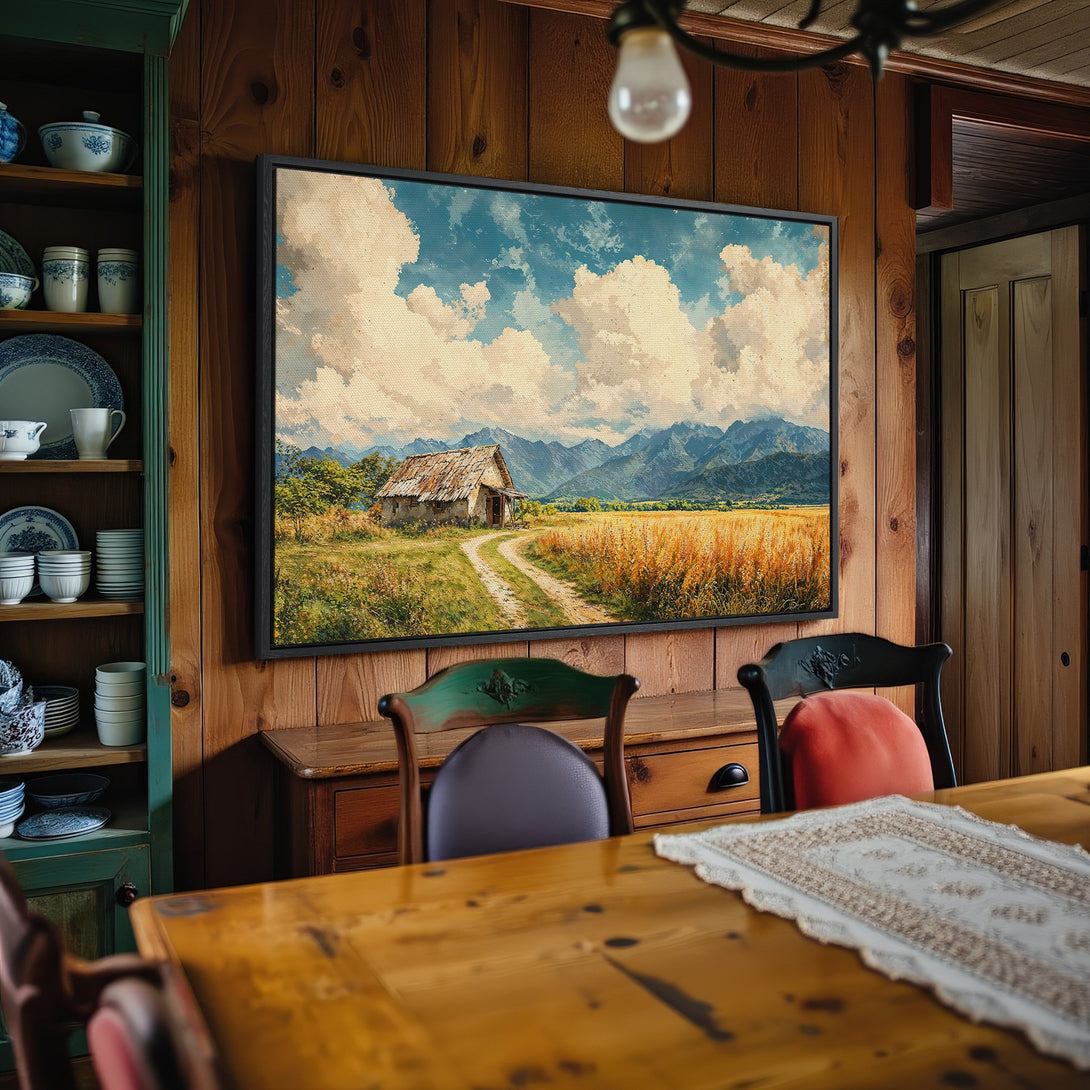 Framed Wall Art: Rustic landscape Canvas Print with a cabin, mountains, and warm color palette, perfect for farmhouse decor.