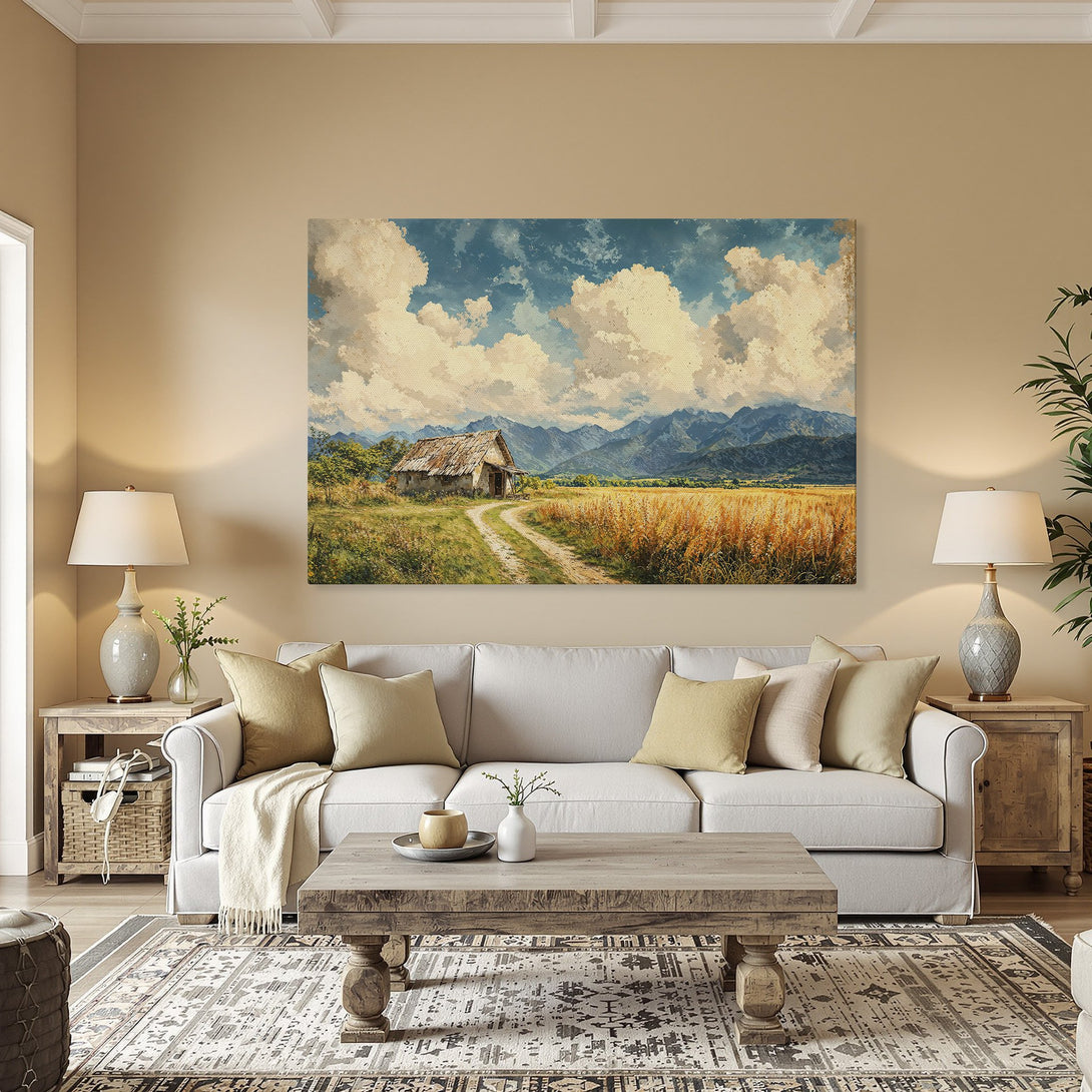 Framed Wall Art: Rustic landscape Canvas Print with warm tones. Features a barn, field, and mountains in a classic style.