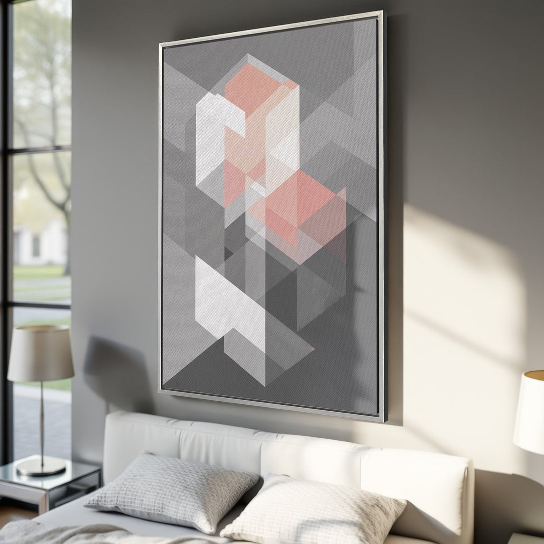Framed Wall Art featuring a geometric abstract design in gray, white, and blush pink. Modern canvas print perfect for bedroom decor.
