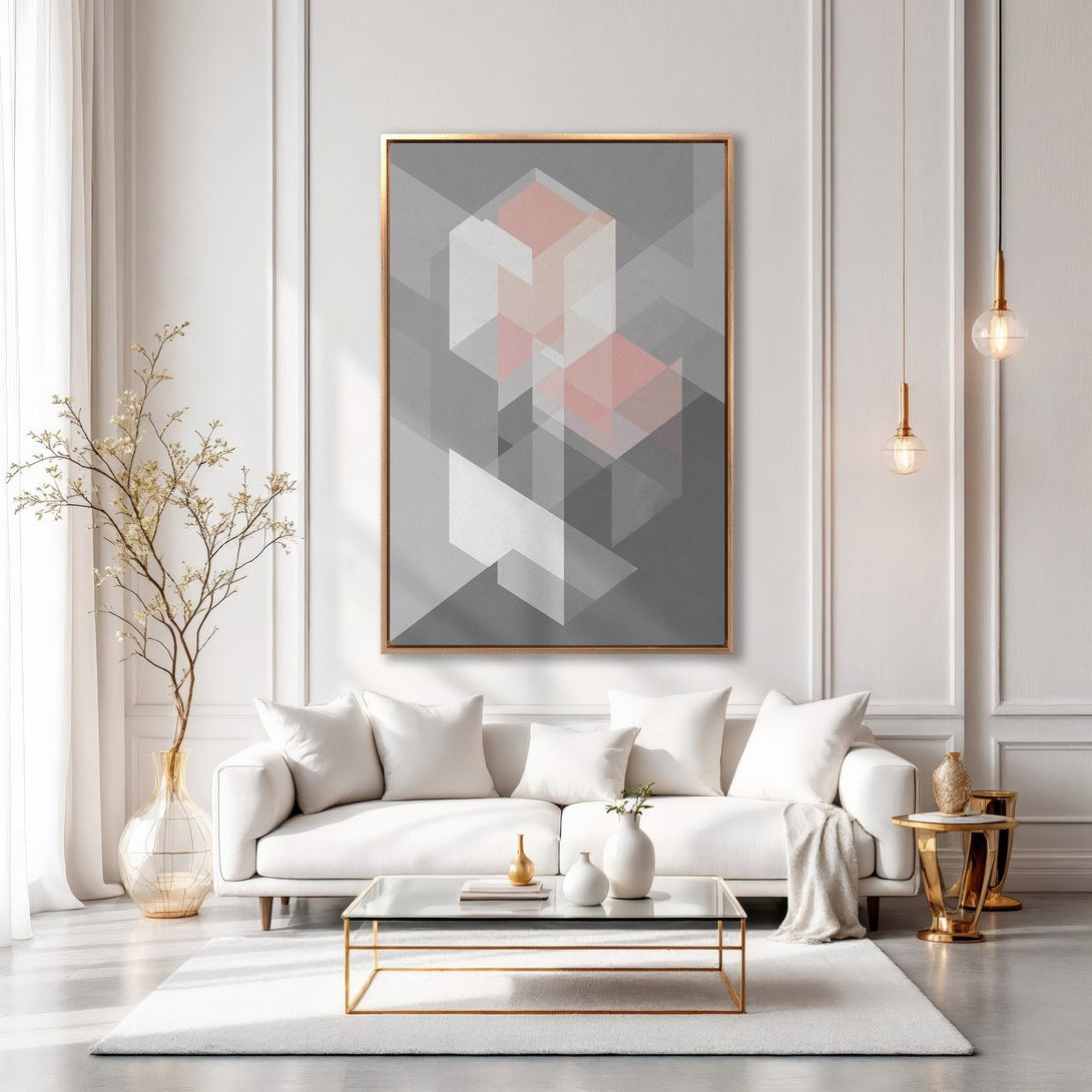 Framed Wall Art: Modern geometric print in gray and blush tones. Elevate your living room with this stylish and contemporary canvas print. Shop now!