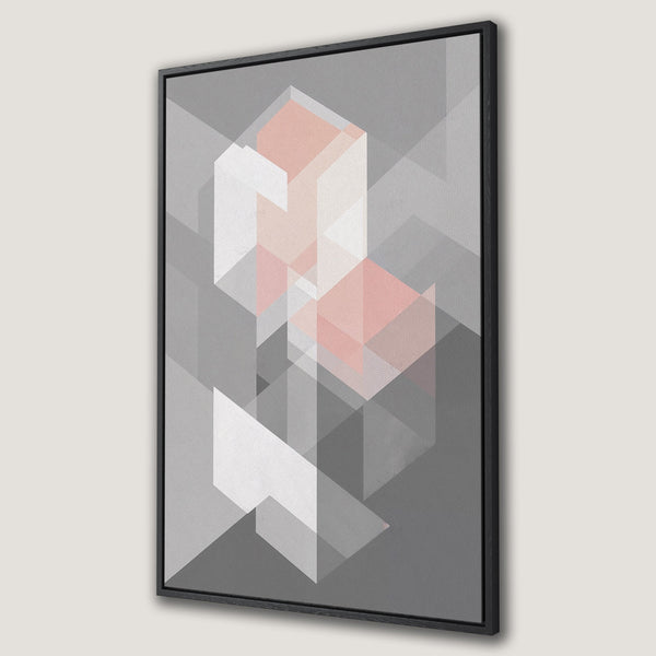Framed Wall Art featuring a modern geometric design in shades of gray, white, and blush pink. Elevate your space with this stylish Canvas Print!