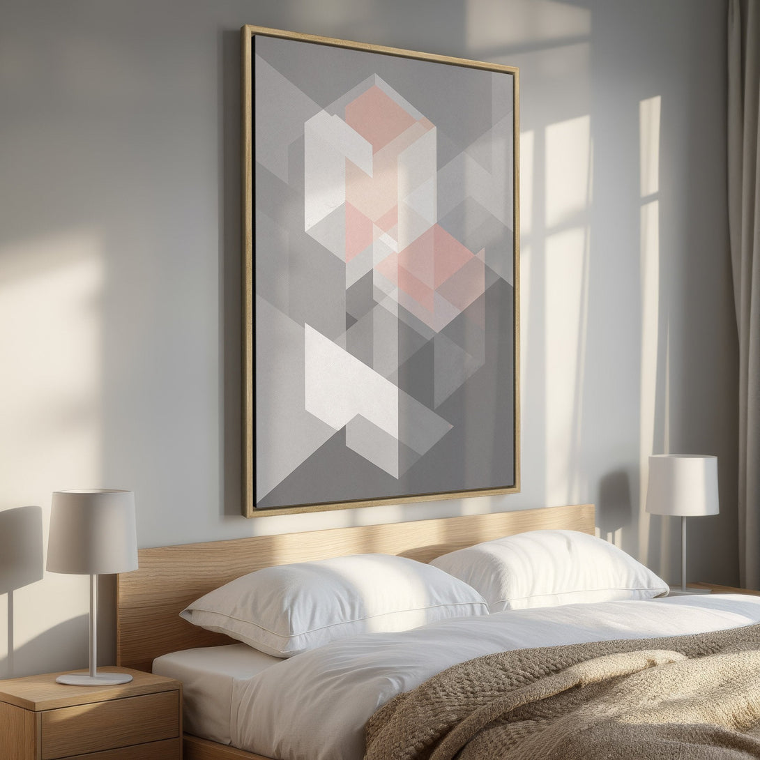 Framed Wall Art: Modern geometric art in gray, white, and blush tones. Perfect for bedroom decor. Shop our Canvas Print collection today!