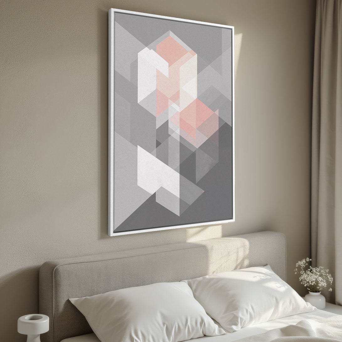 Framed Wall Art: Modern geometric abstract in gray, white, and blush pink. Perfect bedroom decor! Add a touch of contemporary art to your space.
