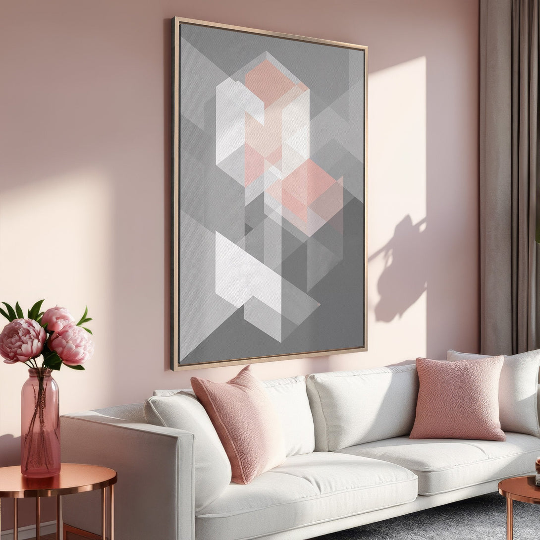Framed Wall Art with geometric design in gray, white, and blush pink. Modern art print perfect for living room decor.