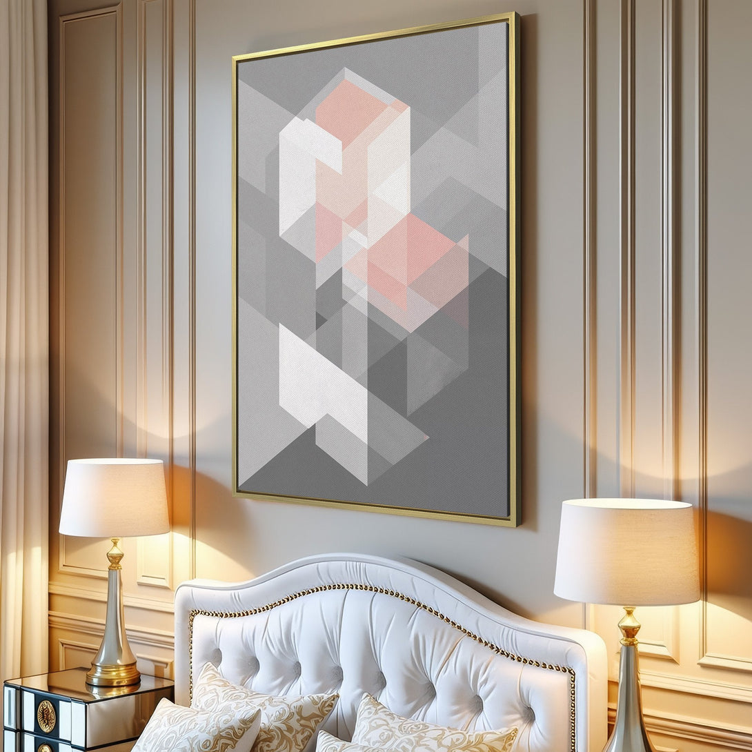 Canvas Print featuring an abstract geometric design in a modern interior. Soft gray and blush pink color palette, perfect for minimalist decor.