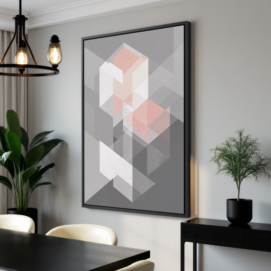 Framed Wall Art featuring geometric abstract design in gray, white, and blush pink. Modern art for your home decor.