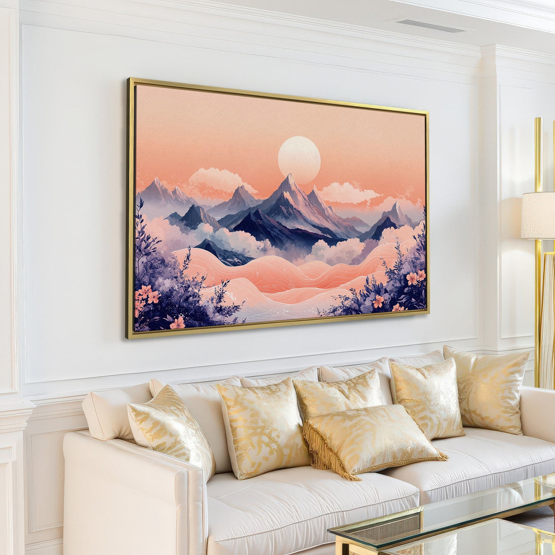 Canvas Print of a serene mountain landscape in watercolor style, featuring a soft peach and blue color palette, perfect for home decor.