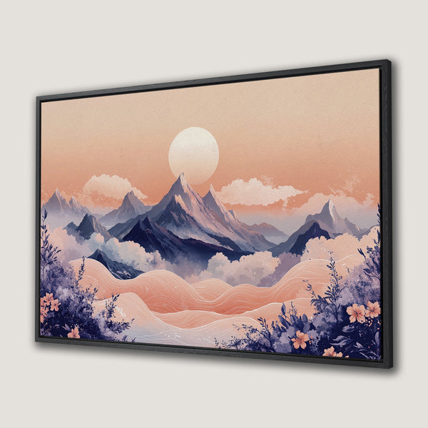 Framed Wall Art featuring a serene mountain landscape in a watercolor style, with a warm peach and blue color palette. Perfect for adding a touch of zen to your space.