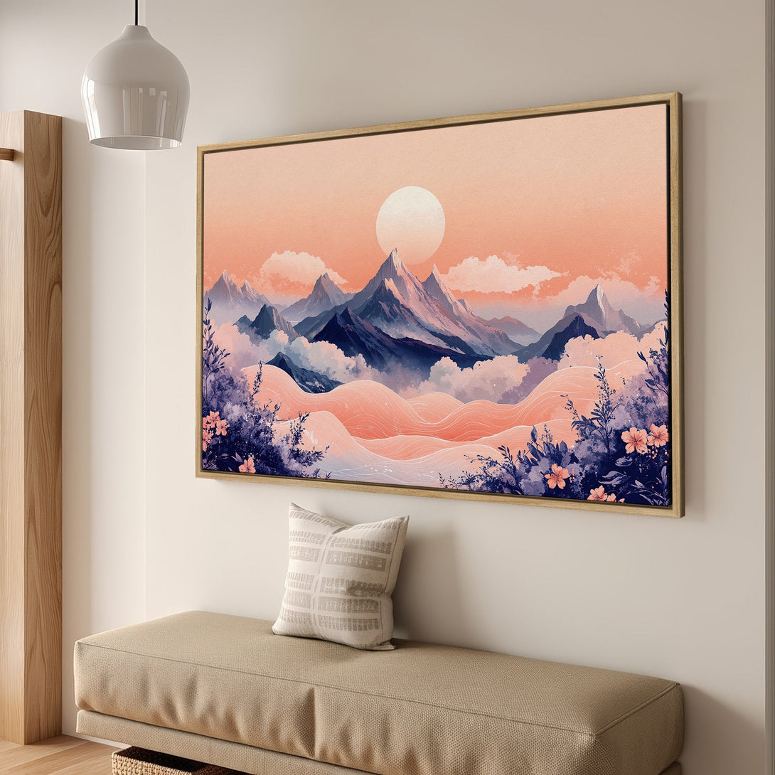 Framed Wall Art featuring a serene mountain landscape in a watercolor style with a warm peach and blue color palette. Perfect for home decor!