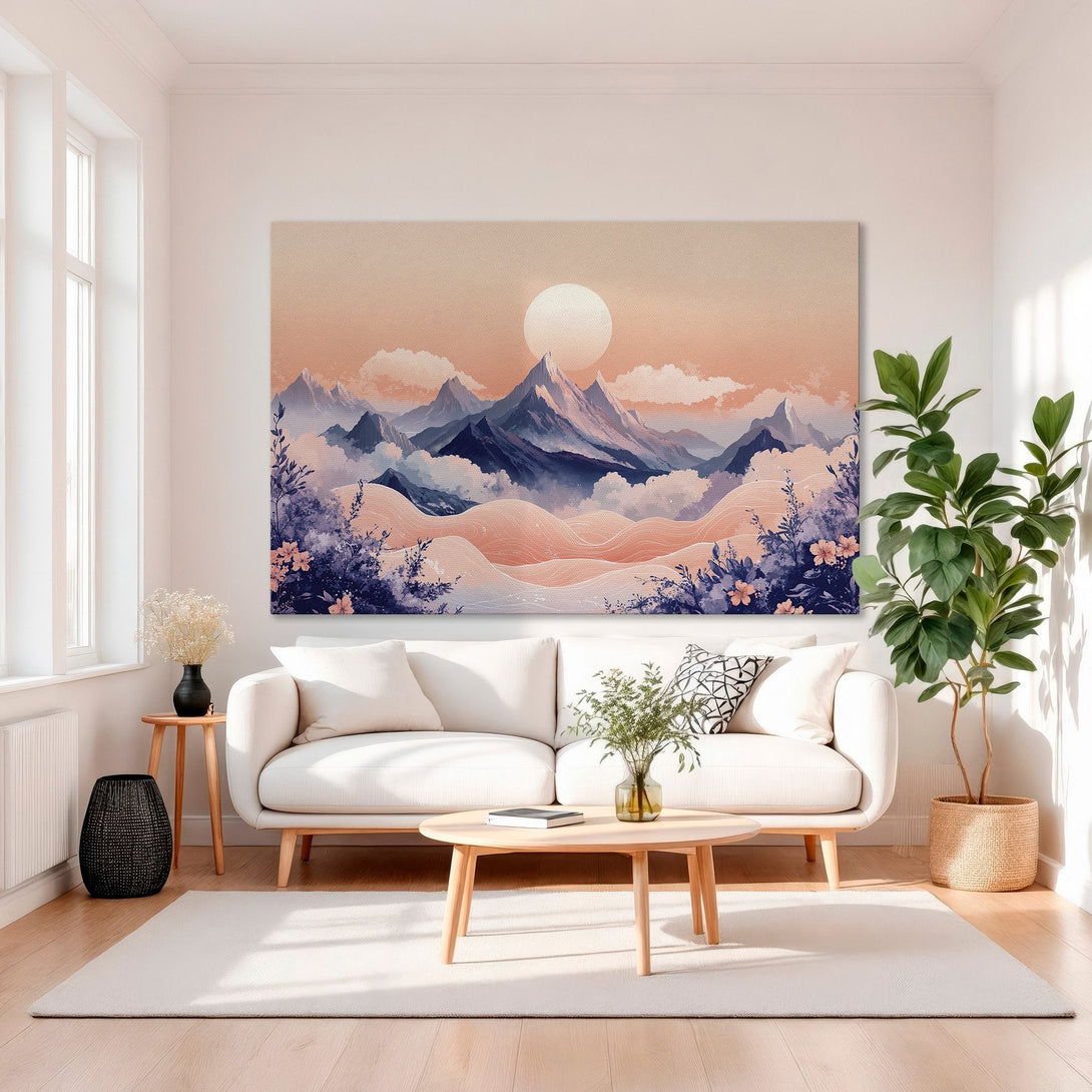 Framed Wall Art: Mountain landscape canvas print in a warm, inviting color palette. Perfect for living rooms. Shop now for art that elevates your space!