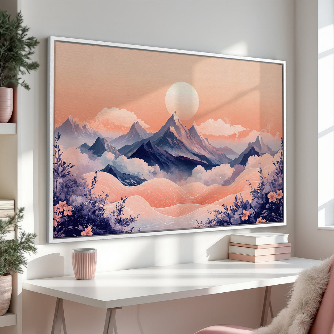 Framed Wall Art: Mountain landscape in a serene, watercolor style. Features a warm peach and blue color palette, perfect for adding tranquility to your space.