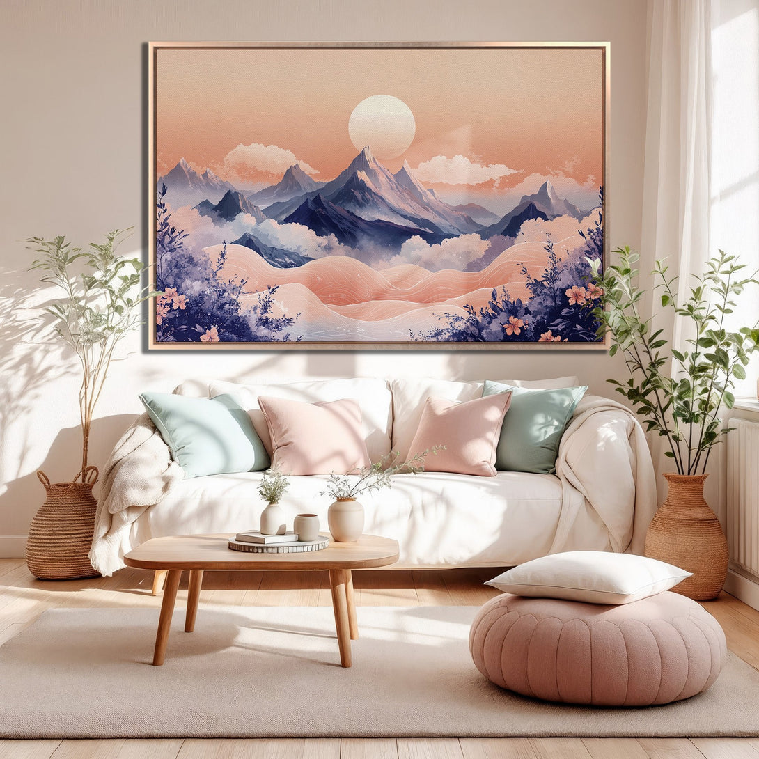 Framed Wall Art: Mountain landscape Canvas Print in watercolor style. Soft pink, blue, and peach hues create a serene, calming atmosphere for your home decor.