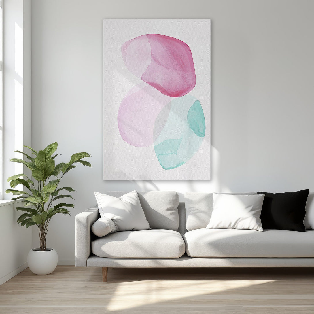 Framed Wall Art: Abstract watercolor canvas print in pink, teal, and light pink. Modern art for bedroom decor. Adds a pop of color!