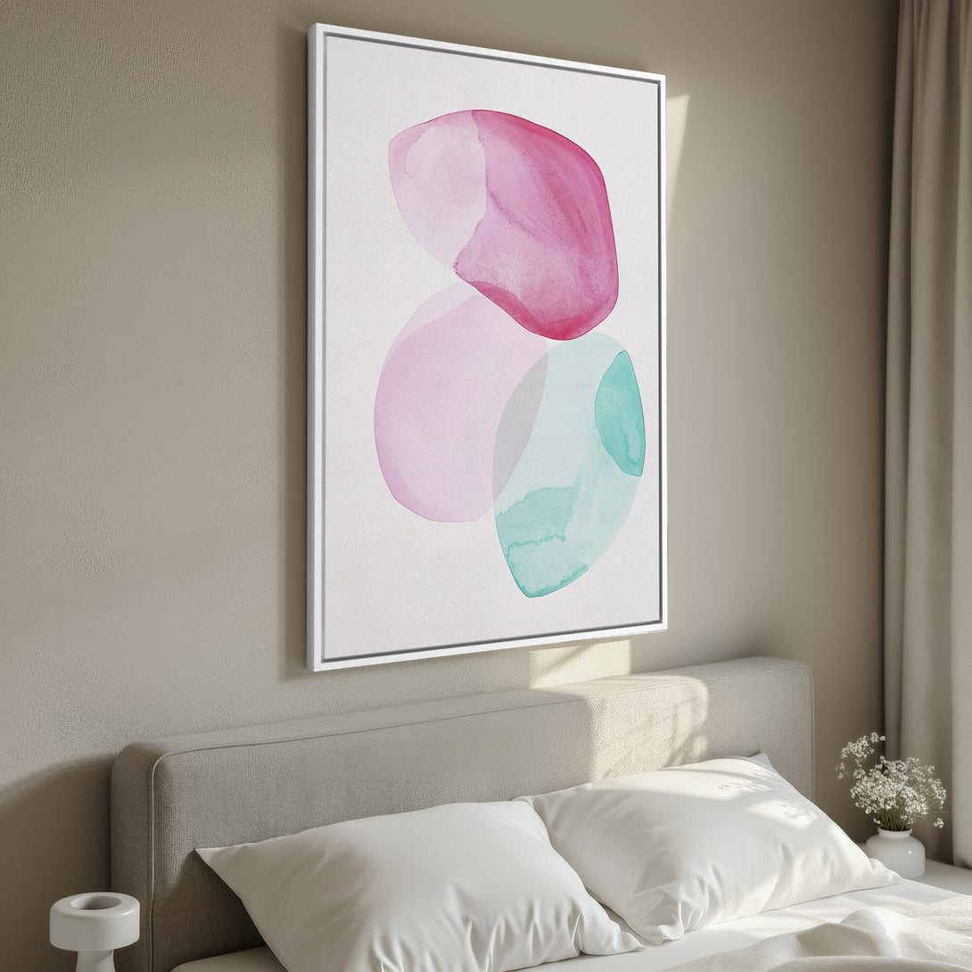 Framed Wall Art: Abstract watercolor art in pink, teal, and light pink. Modern art canvas print for bedroom decor.