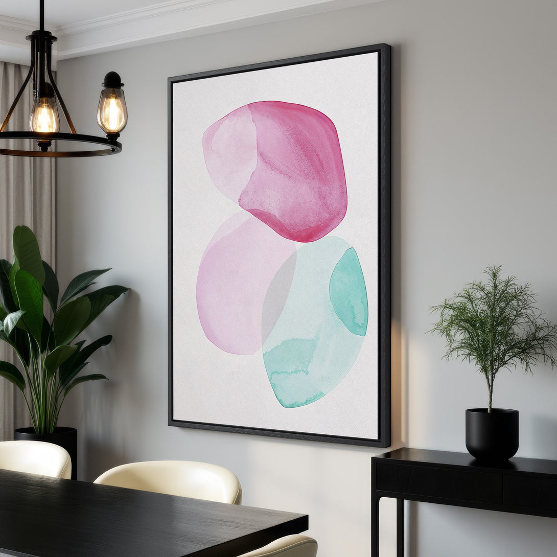 Framed Wall Art: Abstract watercolor Canvas Print with pink, teal, and purple shapes. Modern art piece perfect for living rooms and dining areas.