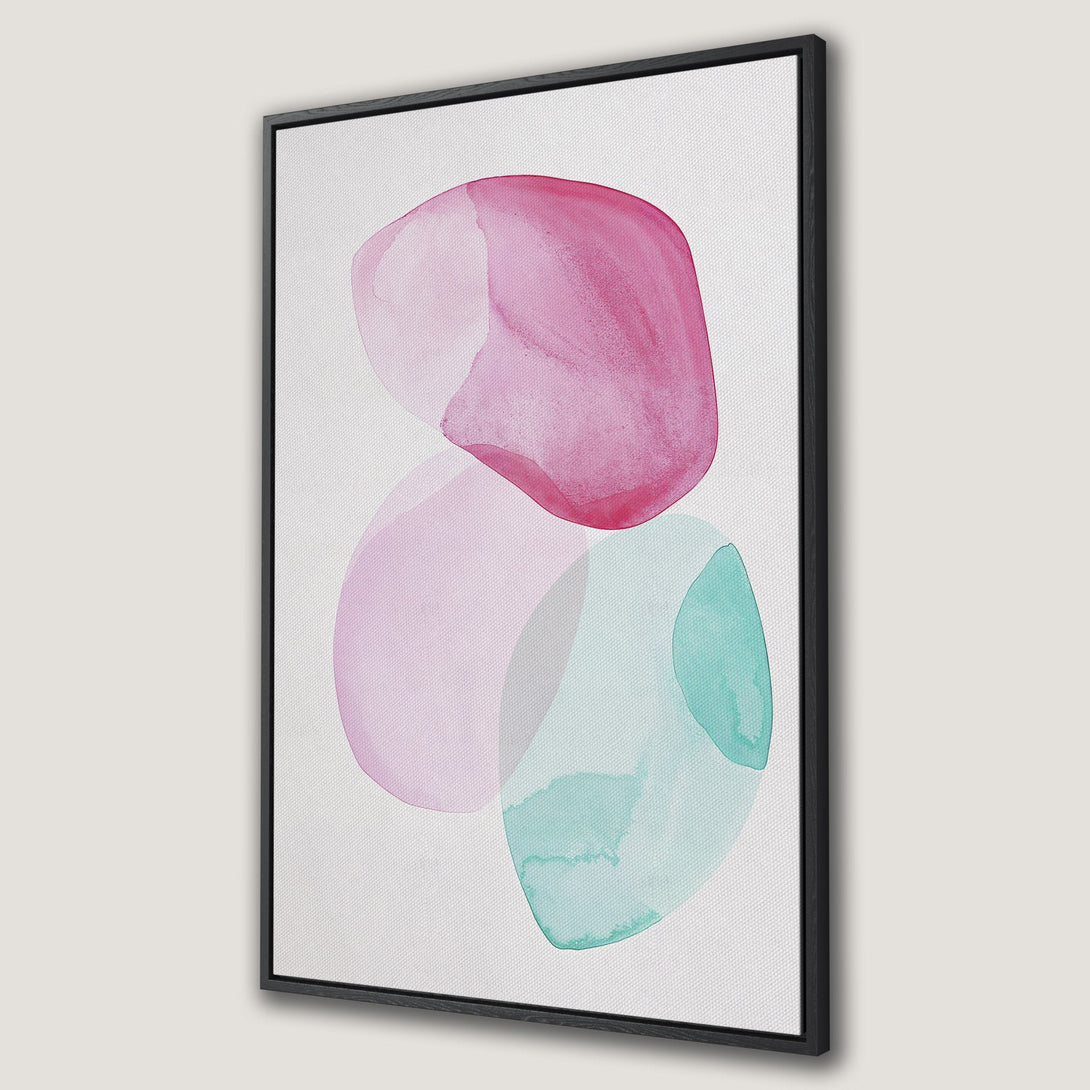 Framed Wall Art featuring abstract watercolor shapes in pinks and teal. Modern art for your home decor. Canvas Print with a minimalist style.