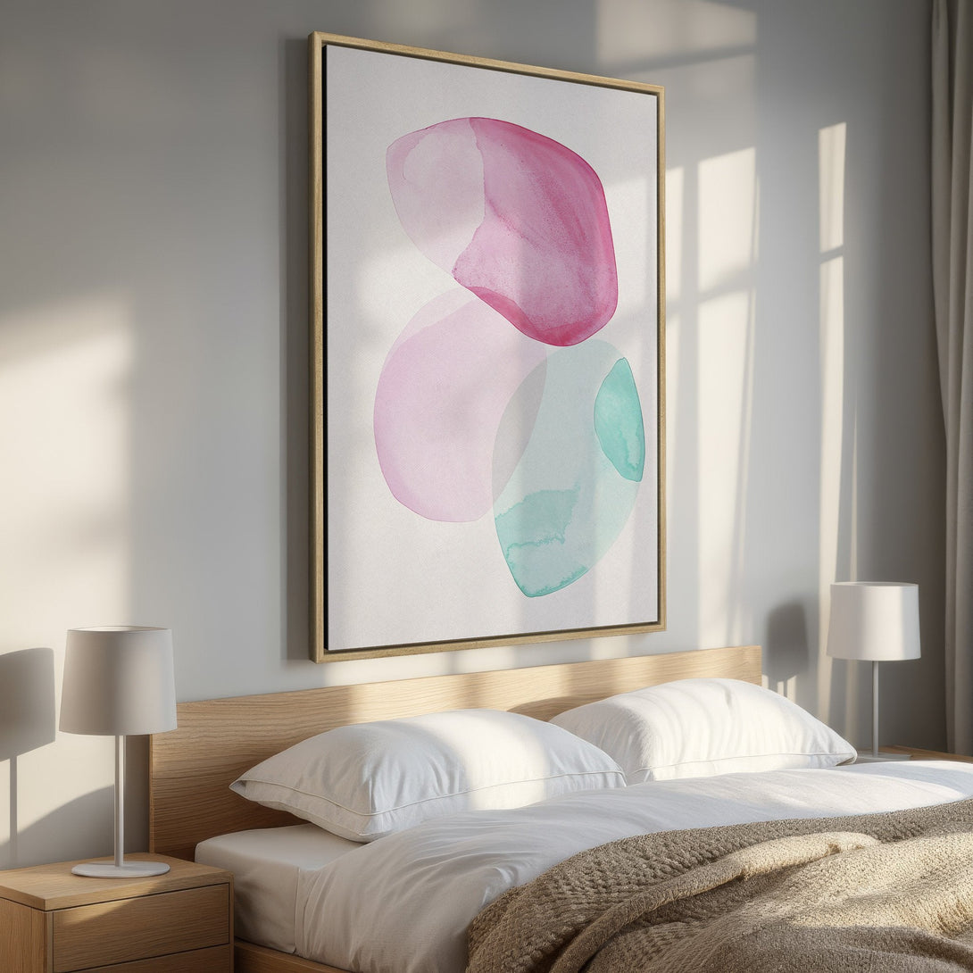 Framed Wall Art: Abstract watercolor painting in pinks and teal. Modern decor for bedroom. Canvas print with soft color palette.