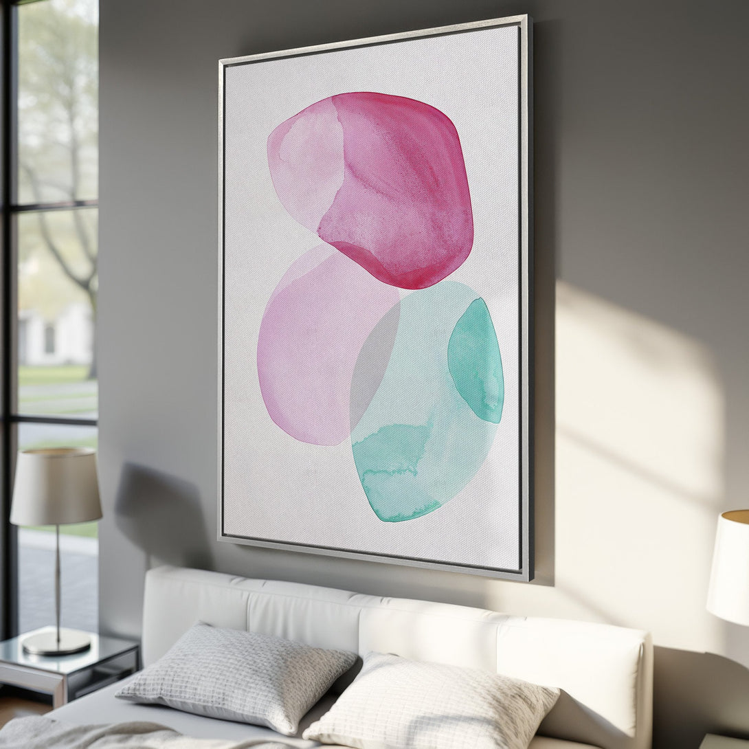 Framed Wall Art: Abstract watercolor painting in pink and teal. Modern art canvas print adds a pop of color to any bedroom or living room.