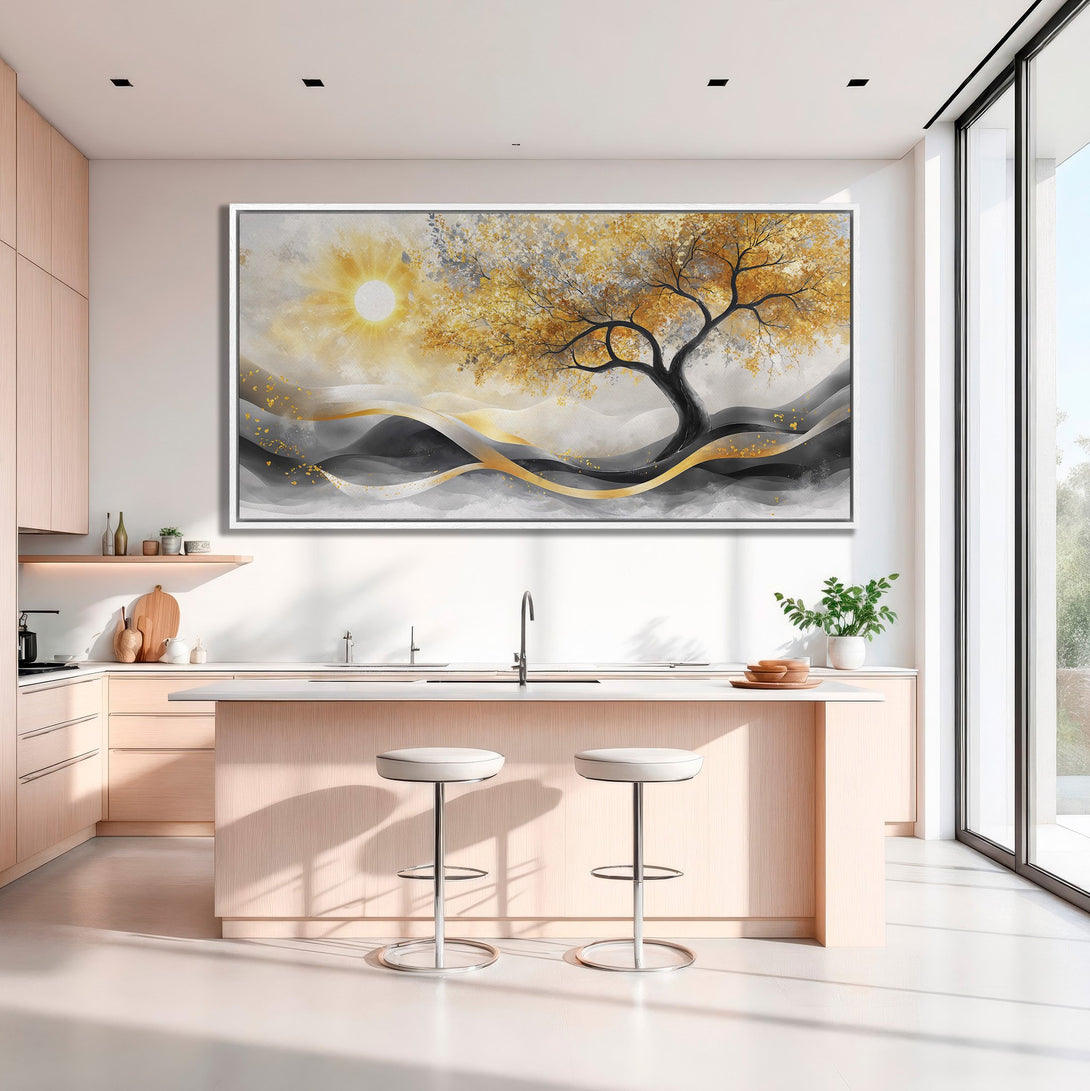 Framed Wall Art: Abstract tree art with gold and gray tones. Modern canvas print adds elegance to any kitchen. Shop now!