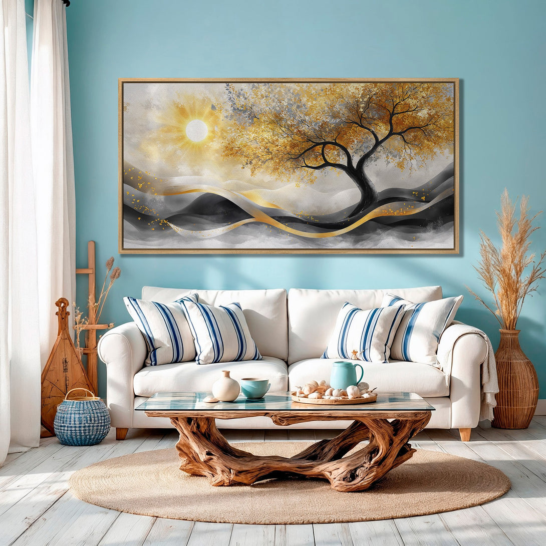 Framed Wall Art: Abstract tree painting in gold, gray, and black. Modern art canvas print adds a touch of elegance to any living room.