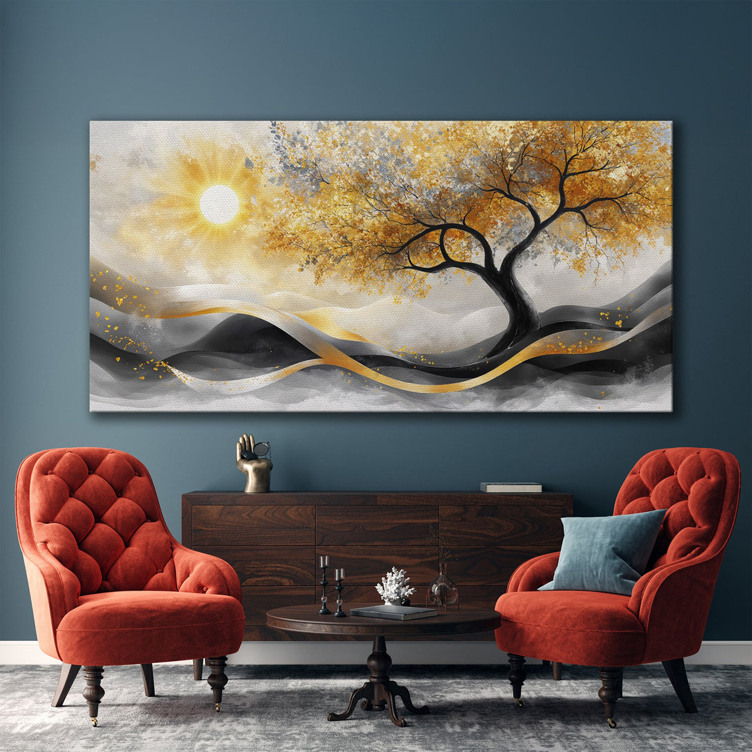 Framed Wall Art: Abstract tree painting in gold, gray, and yellow. Modern style canvas print adds elegance to any living room.