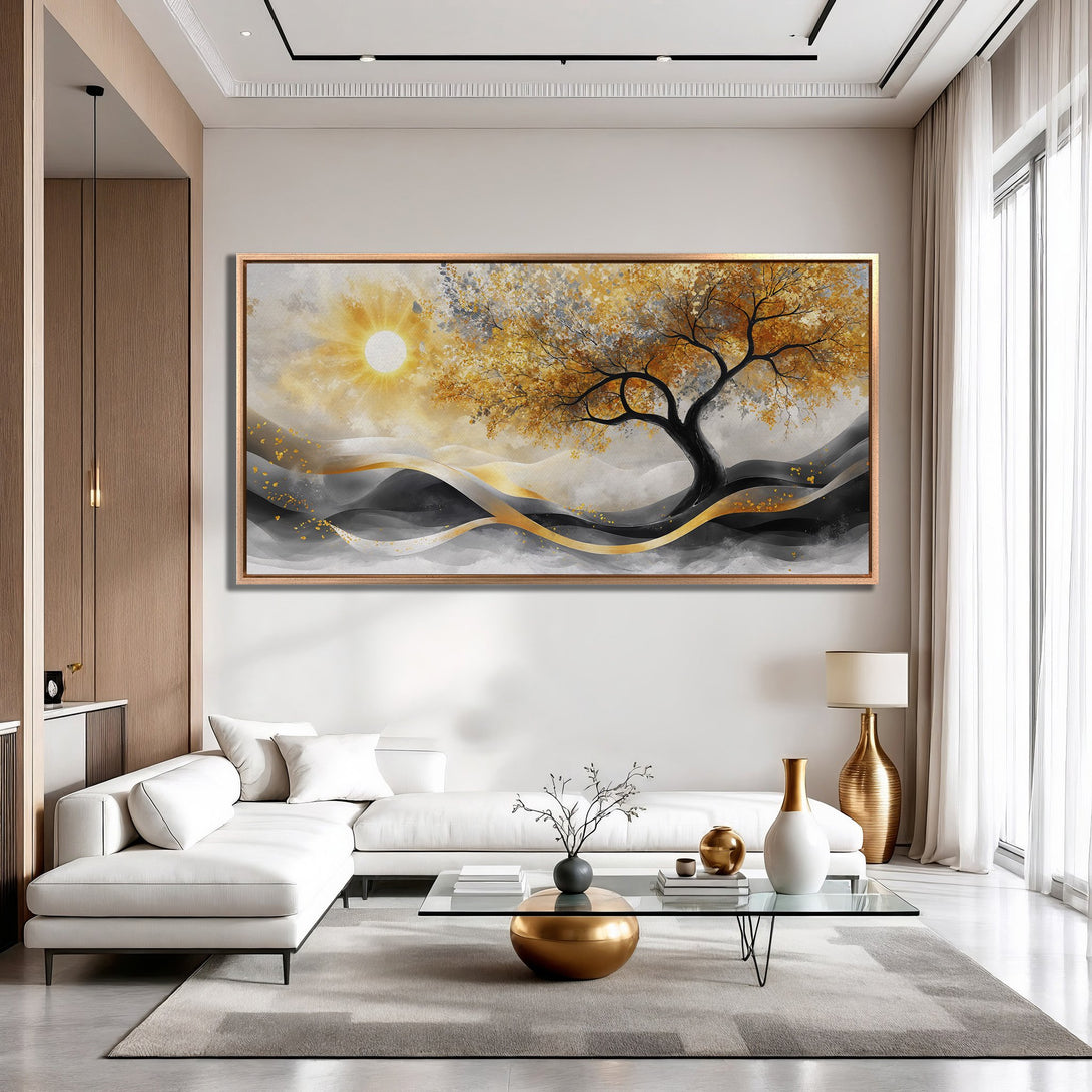 Framed Wall Art: Abstract tree art in gold, gray, and black. Modern canvas print for living room decor. Enhance your space with this stunning piece!