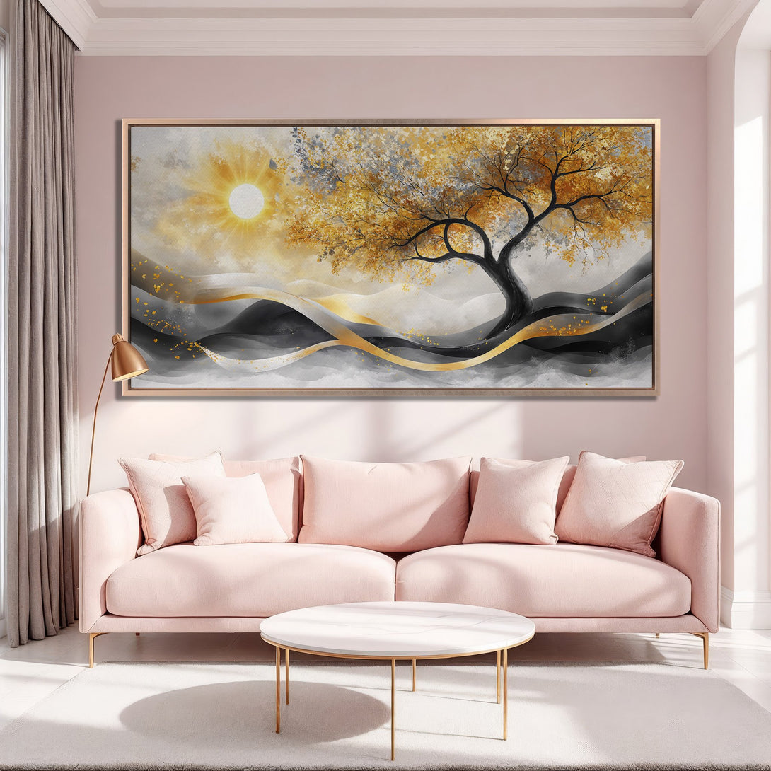 Framed Wall Art: Abstract tree art with gold, gray, and black tones. Adds a touch of elegance to any room. Shop now for stunning wall decor!