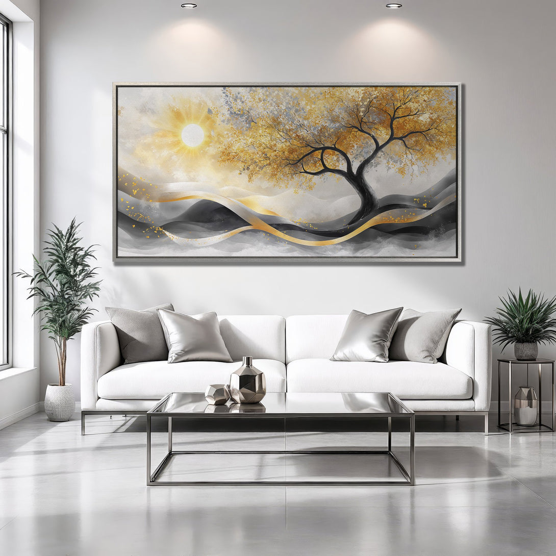 Framed Wall Art: Abstract tree landscape in gold, gray, and black. Modern canvas print adds elegance to any interior.