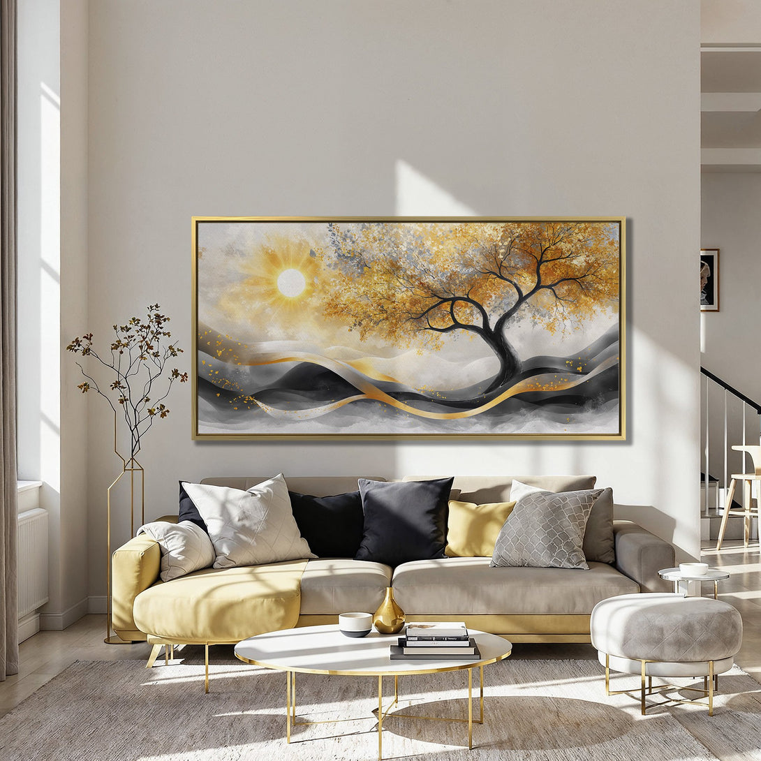 Canvas Print of a golden tree landscape art. Modern abstract style with a warm gold, black, and gray color palette, perfect for home decor.