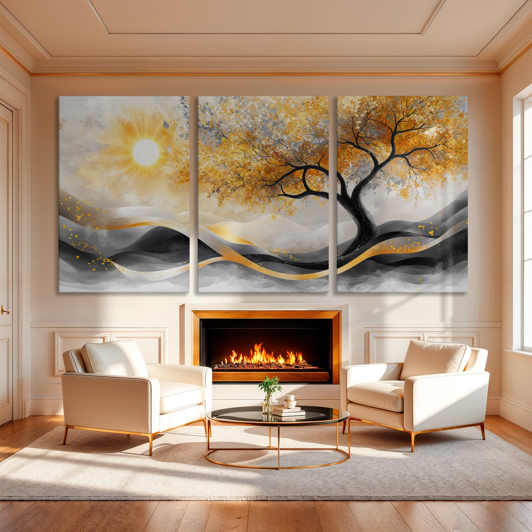 Stunning Canvas Print of a golden tree in an abstract style. Features a warm, neutral color palette, perfect for any interior. Elevate your space!