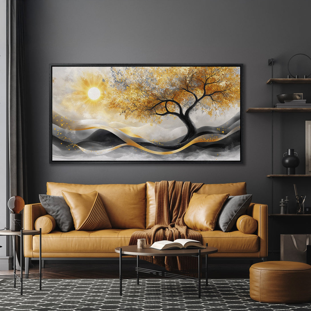 Framed Wall Art: Abstract tree art with gold and gray tones. Modern canvas print adds warmth and style to a living room.