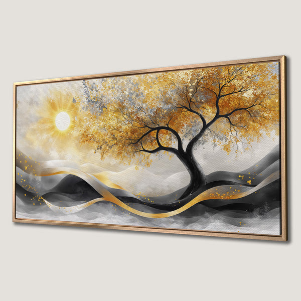 Framed Wall Art: Abstract tree landscape in gold, black, and gray. Modern canvas print for stylish home decor.