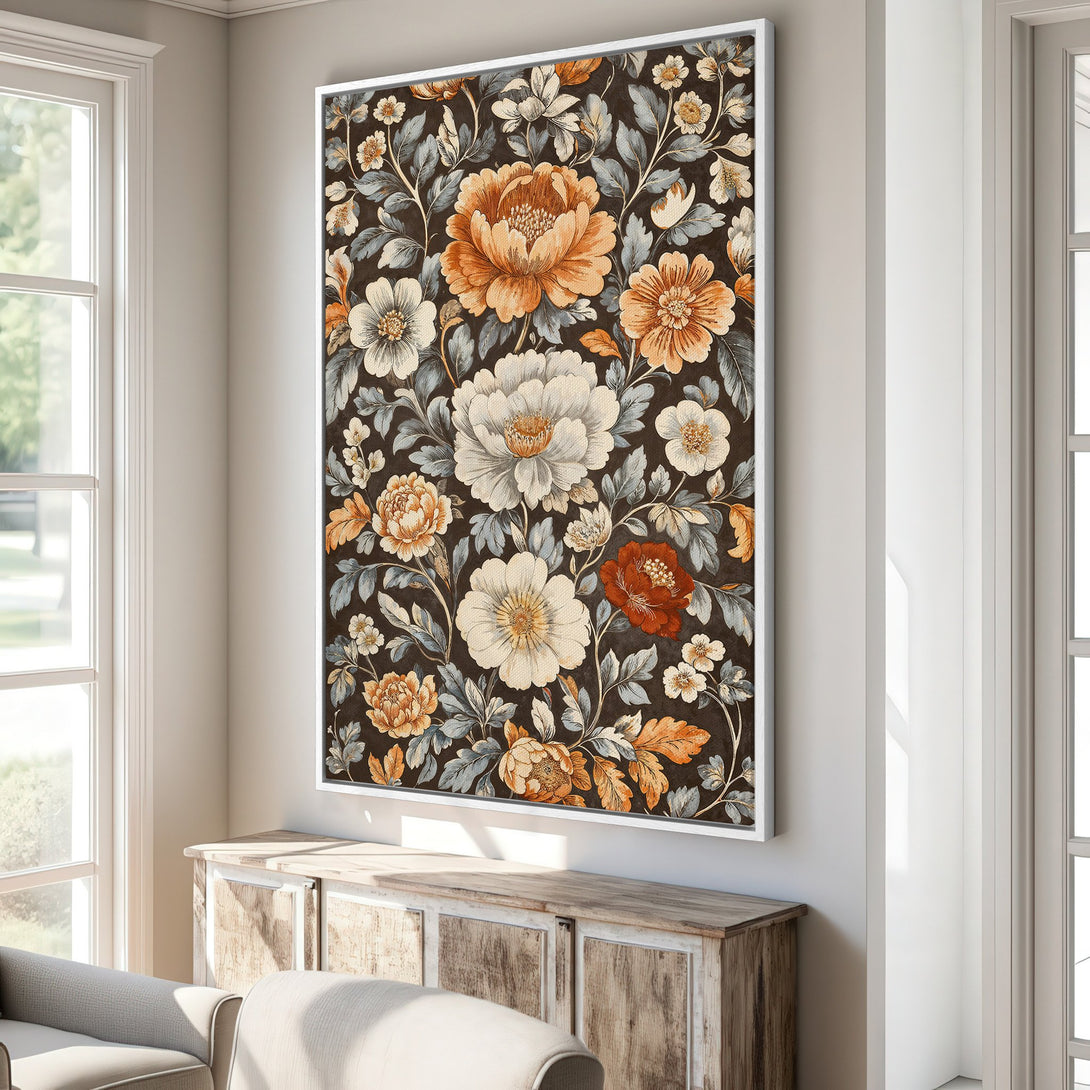 Framed Wall Art featuring a floral pattern with orange, white, and blue hues on a dark background. Perfect for adding a touch of elegance to your home decor.