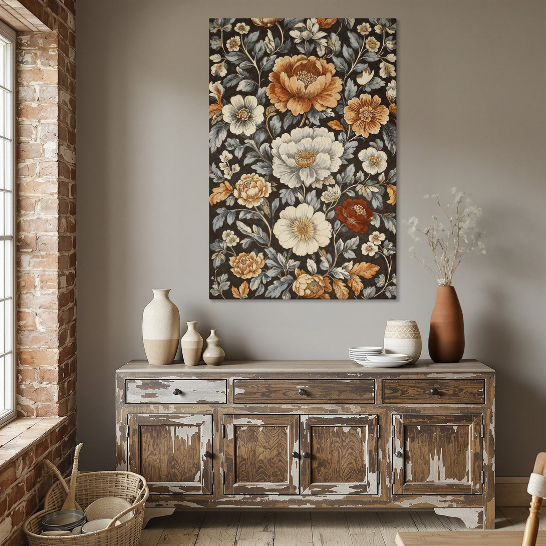 Framed Wall Art: Floral print with warm tones. Enhance your home decor with this beautiful canvas print featuring a vintage floral design.